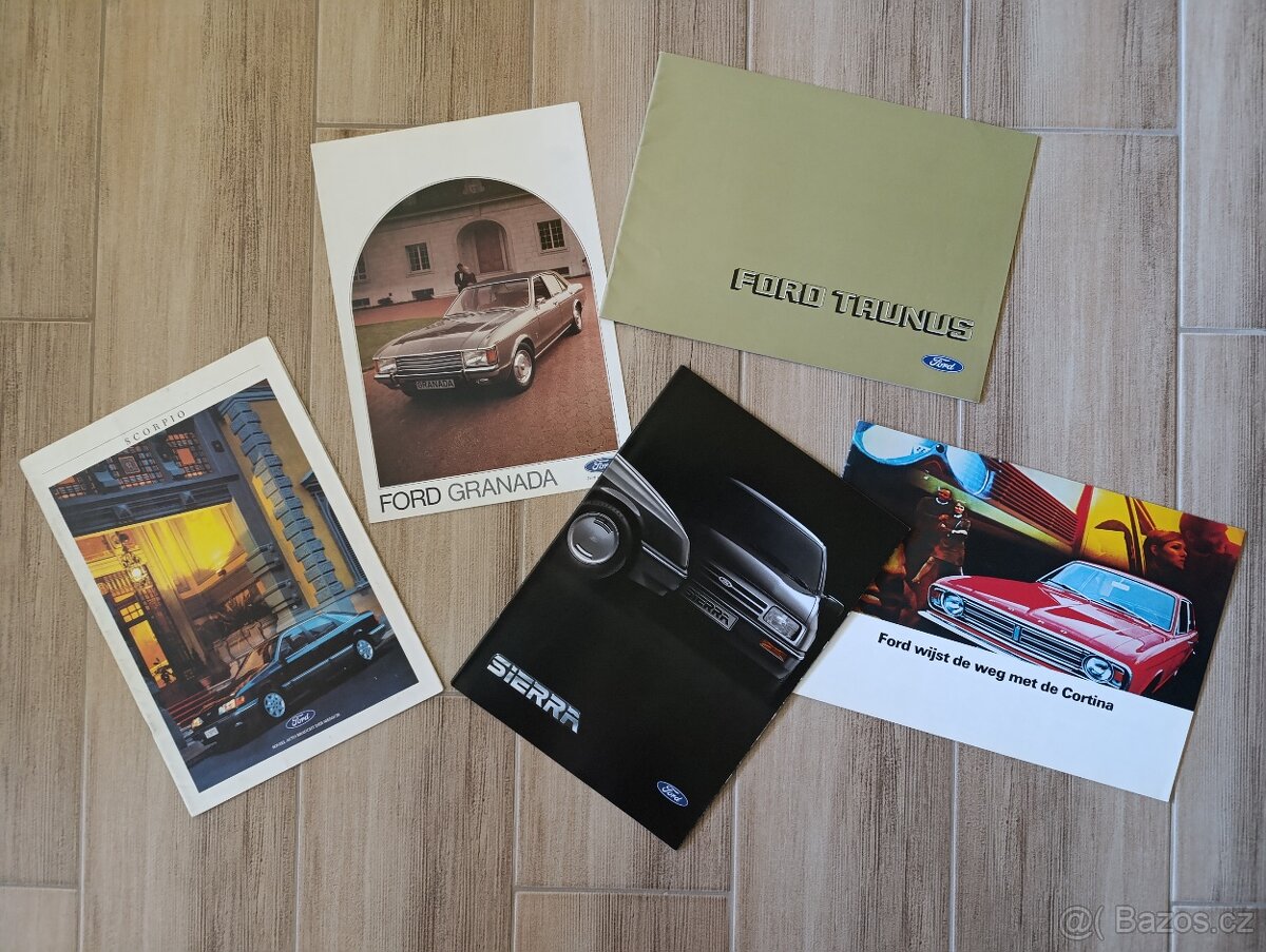 Prospekty Ford Escort Cortina Taunus a další 60.-90. léta.