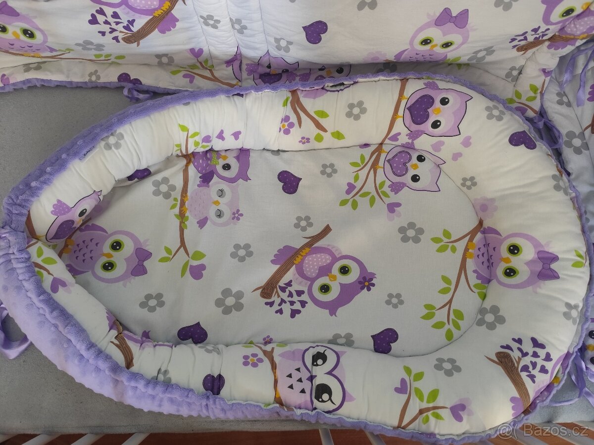 Hnízdečko s mantinely do postýlky – fialové sovičky - 3