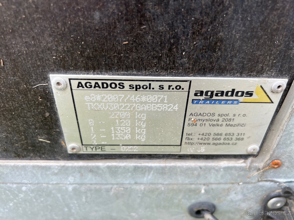 Přívěsný vozík Agados 2,7t. 1,3x3,05m +nástavba - 3