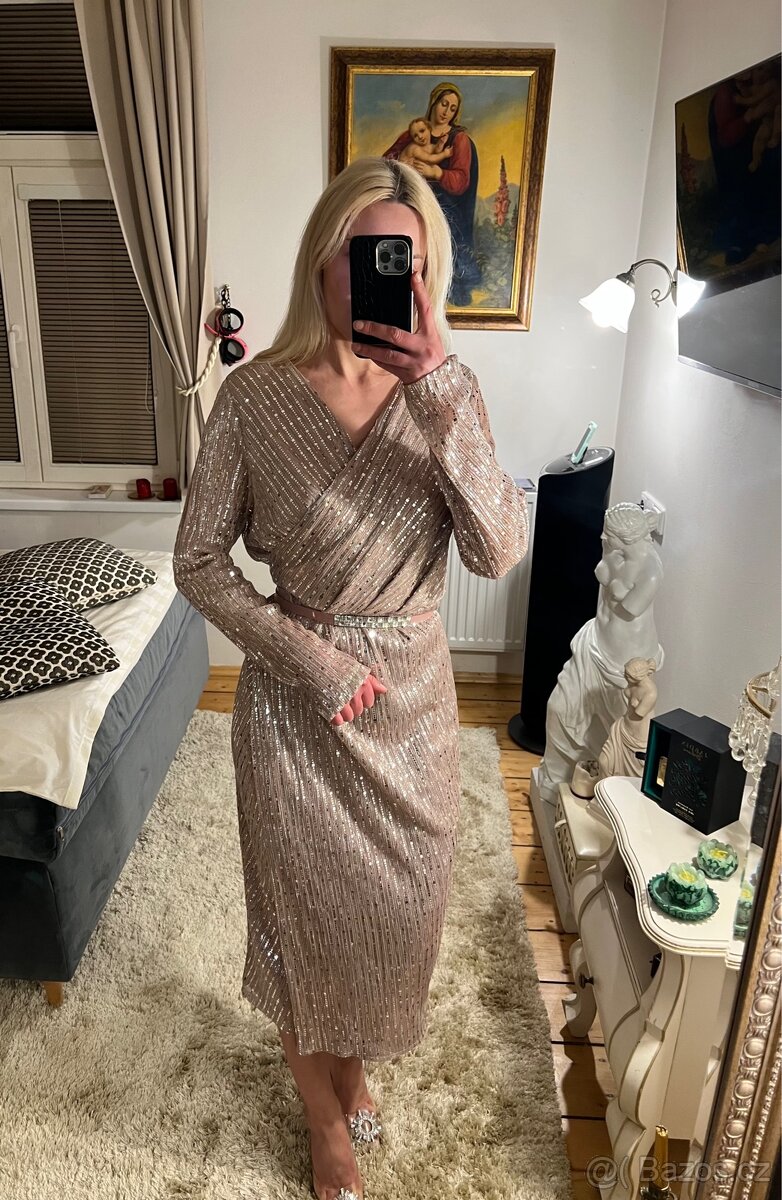 Pudrové midi šaty zn. Lilium s flitry - 3