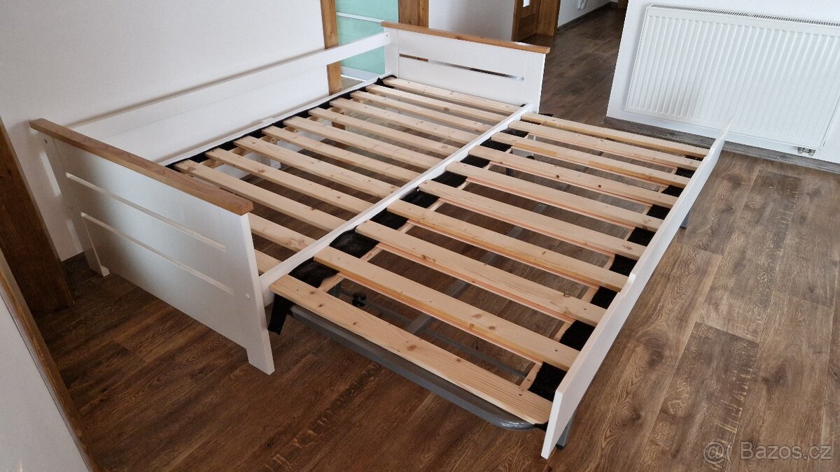 Postel 2v1 – výsuvné dvojlůžko, bílo-dřevěná, 190×180 - 3