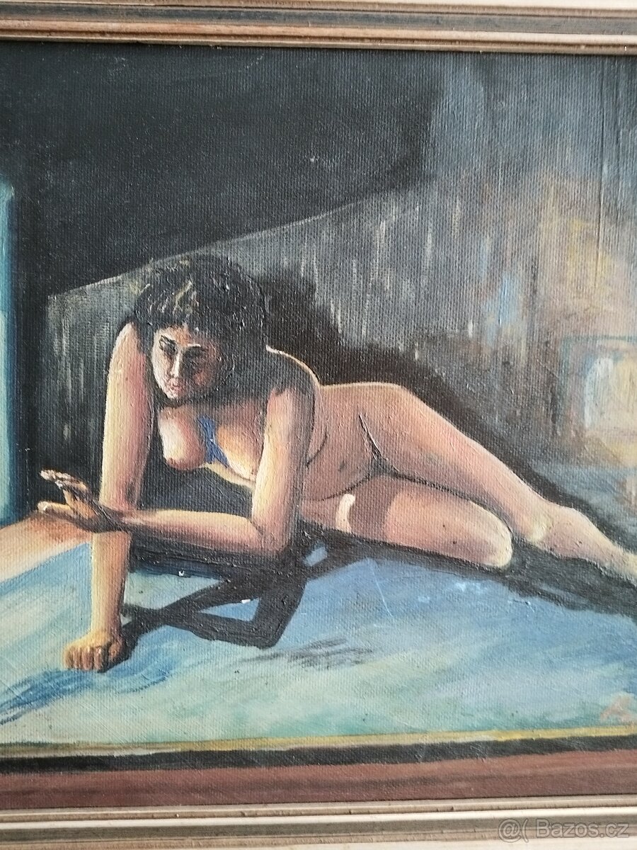 obraz DÍVKA U KRBU, akt, olej, sign. Hájek - 3