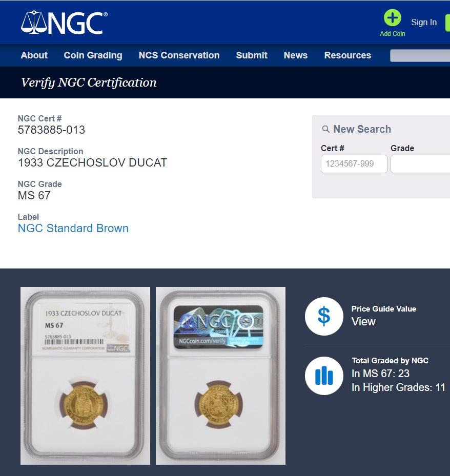 Svatováclavský dukát 1933, certifikace NGC MS 67 - 3