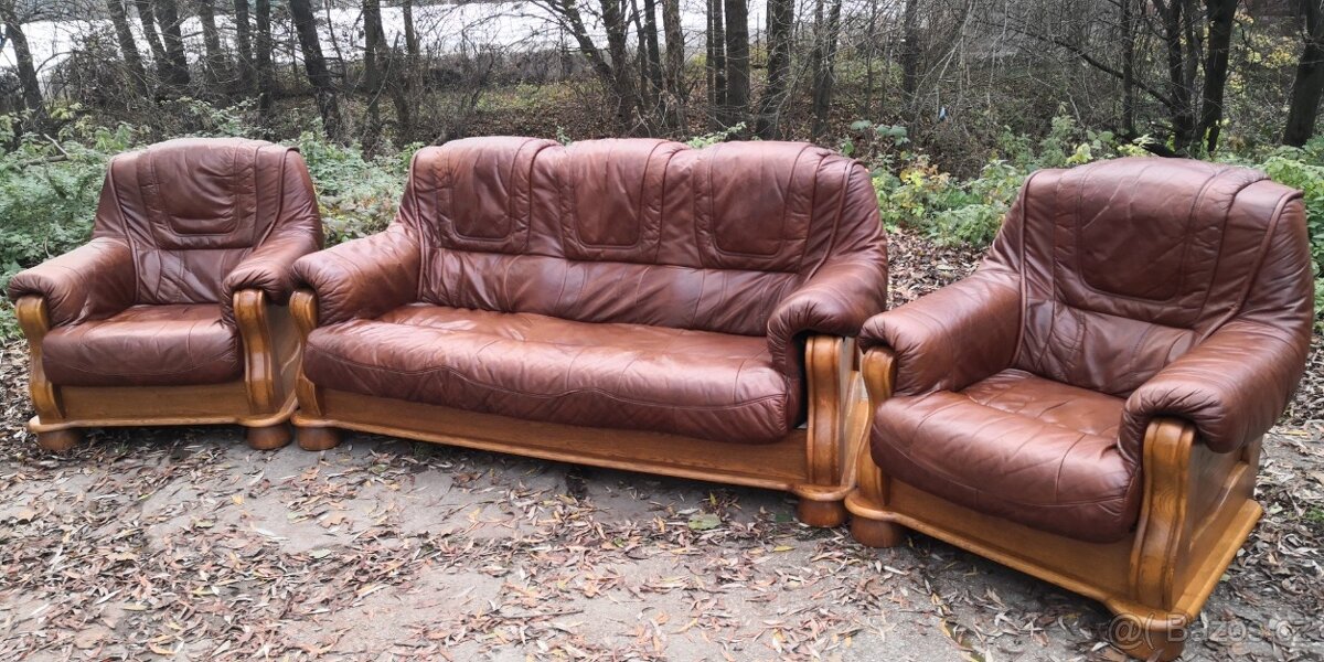 Kožená sedací souprava 3+1+1 s masivním dřevem - 3