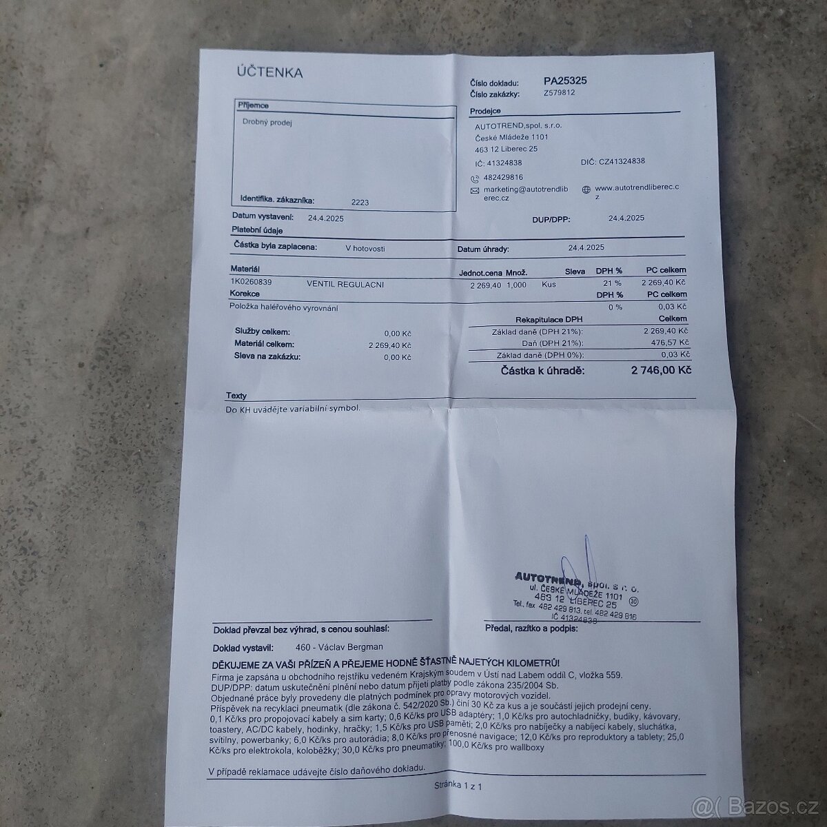 Ventil regulační klima kompresoru 1K0260839 - 3