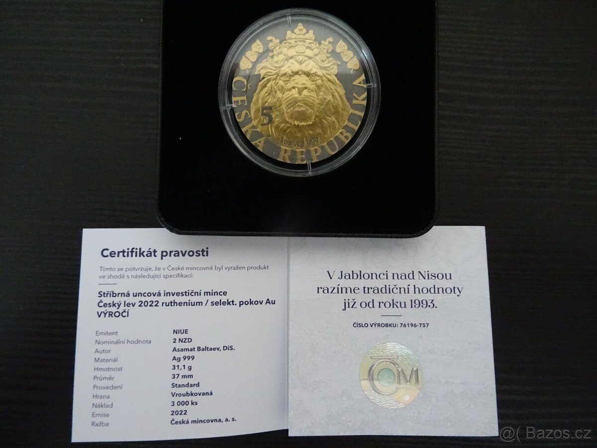 Stříbrná uncová investiční mince Český lev 2022 ruthenium - 3