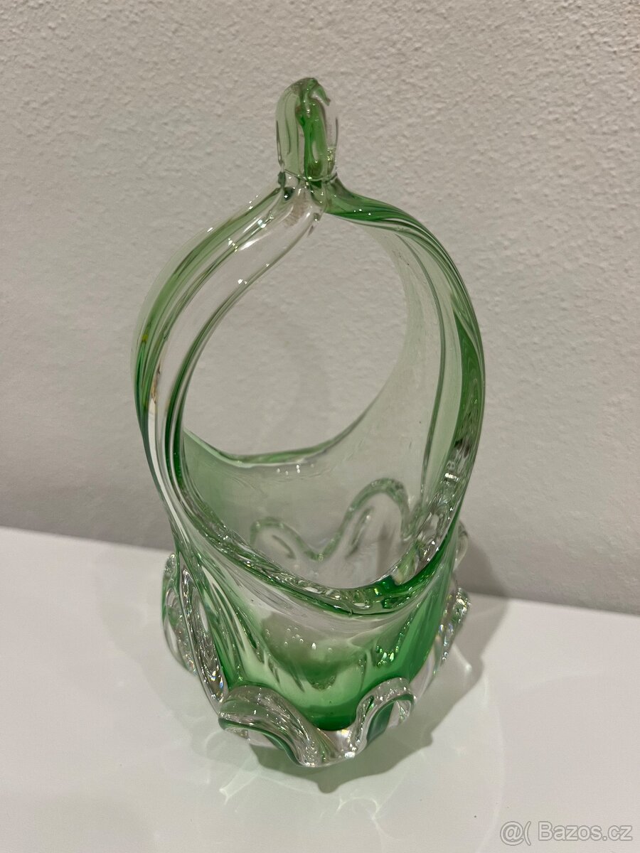 Hutní sklo - zelená váza, popelník a košíček - 3