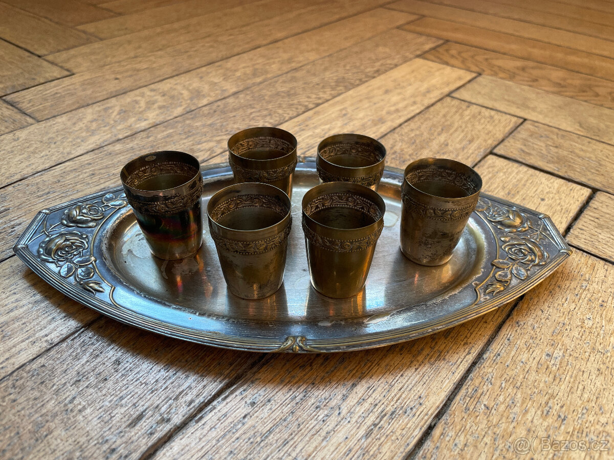 Starožitný secesní mosazný podnos s 6 panáky - 3