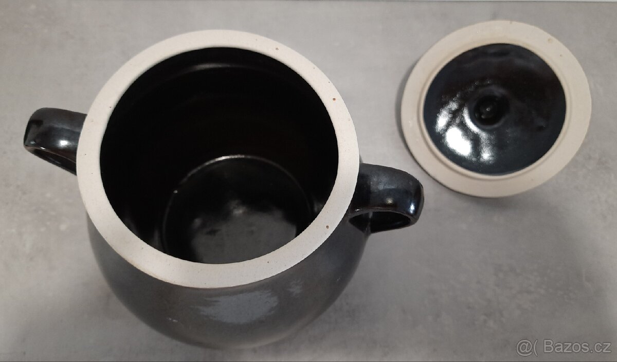 Keramická dóza na sádlo s ušima a pokličkou - sádlák - 3