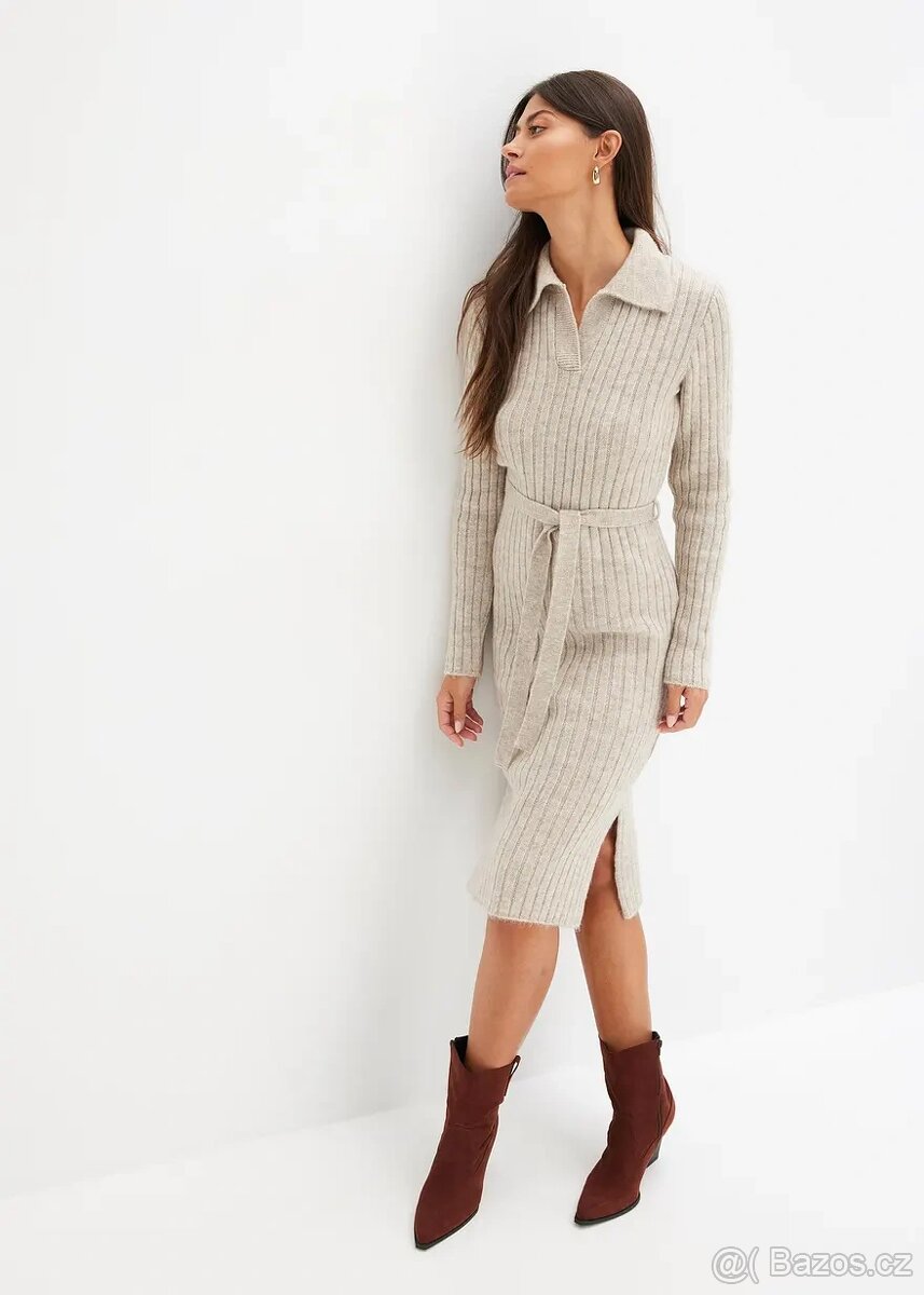 Teplé pletené midi šaty s páskem 48/50 - 3