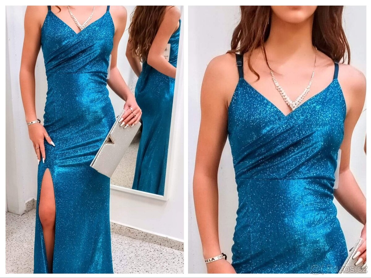 NOVÉ TŘPYTIVÉ plesové šaty TYRKYSOVÉ - 3