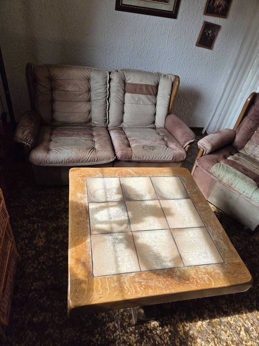 Stará kožená sedací souprava + stůl / set za odvoz - 3