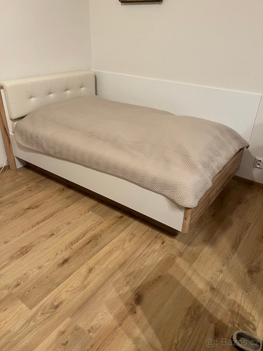 POSTEL, 120/200 cm, bílá, barvy dubu+lamelový postelový rošt - 3