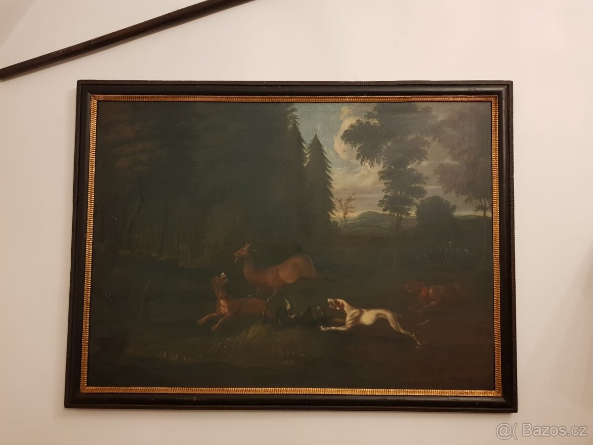 Historický lovecký obraz 150x90 cm 18 století zlatý rám olej - 3