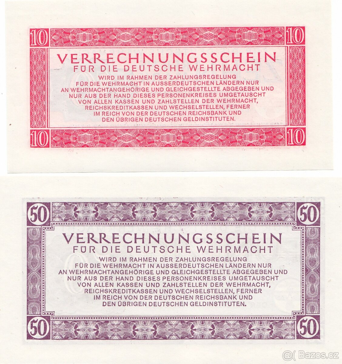Originální sada bankovekWehrmachtu 1,5,10,50 Reichsmark 1944 - 3