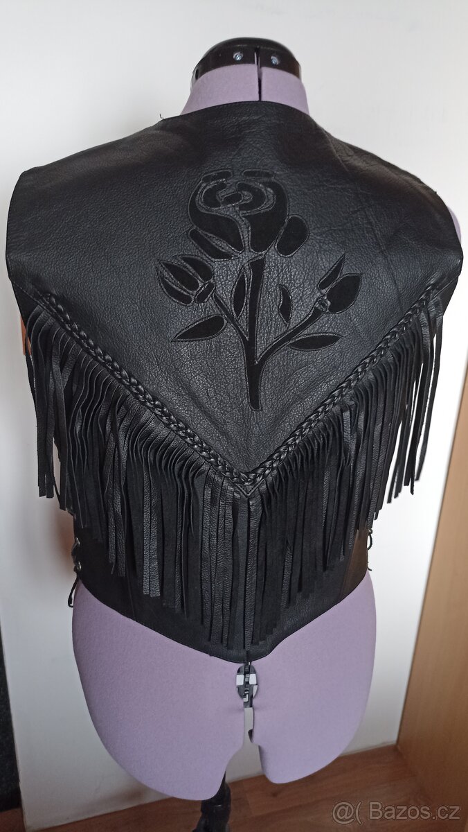 Dámská kožená vesta s třásněmi a růží - 3