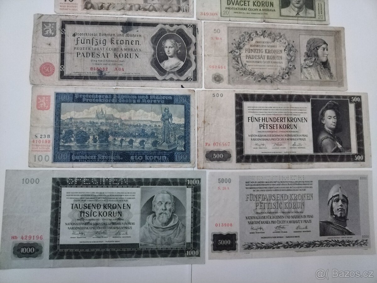 Bankovky Československo - sada ČSR - Protektorát - válka - 3
