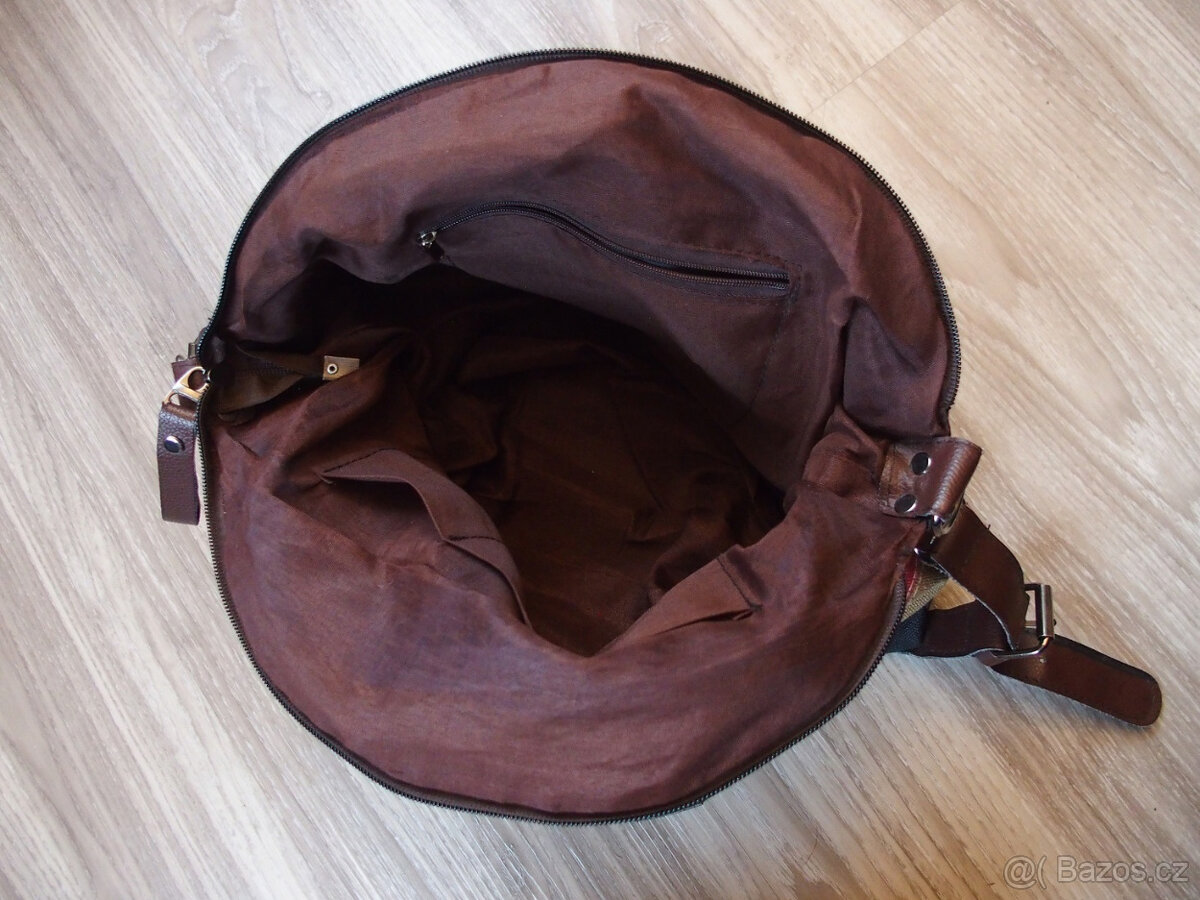 Pruhovaná látková kabelka hnědo-khaki-růžovo-modrá - 3