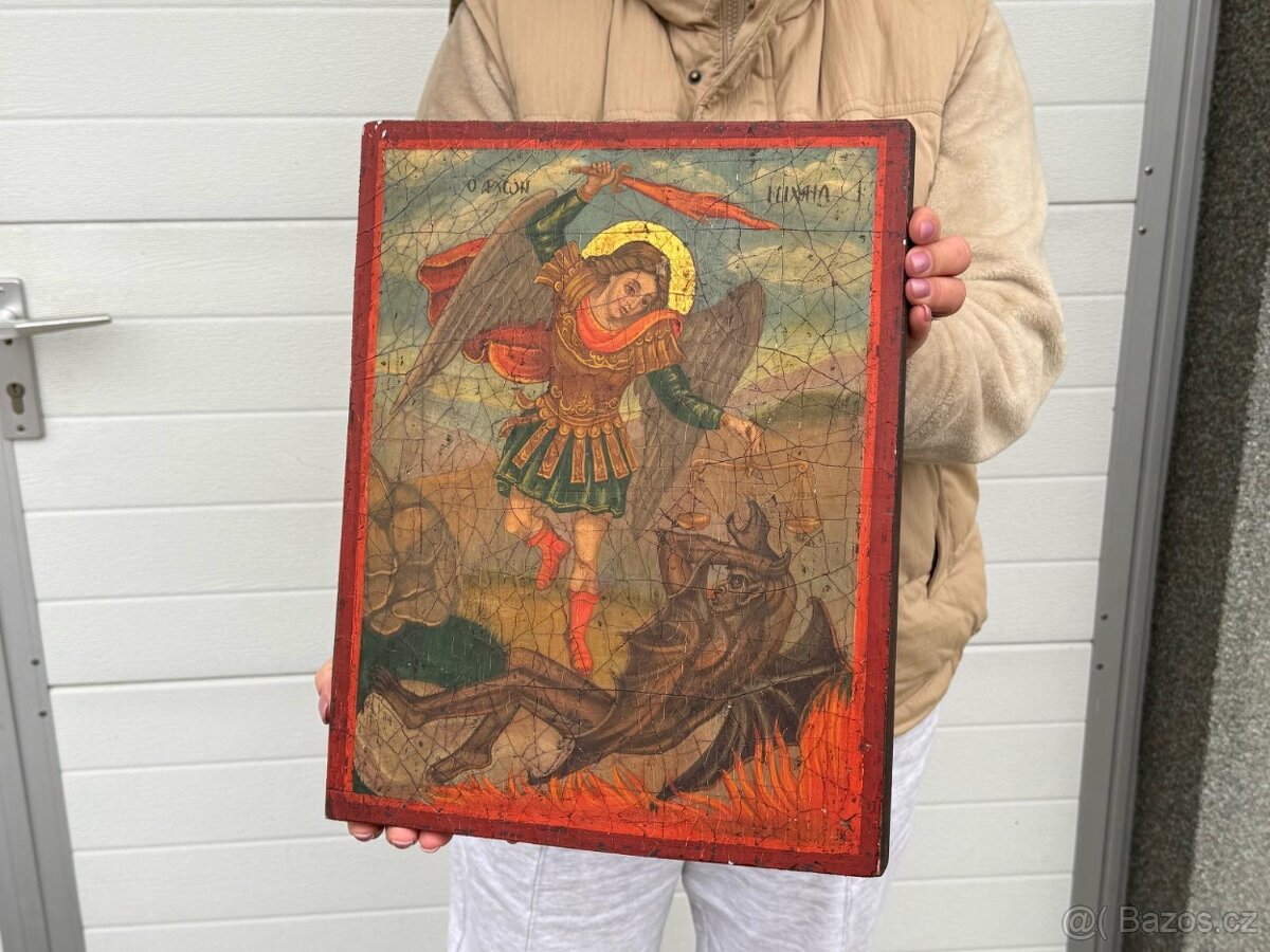 Starožitný XXL malovaný obraz na dřevě Archanděl Michael - 3
