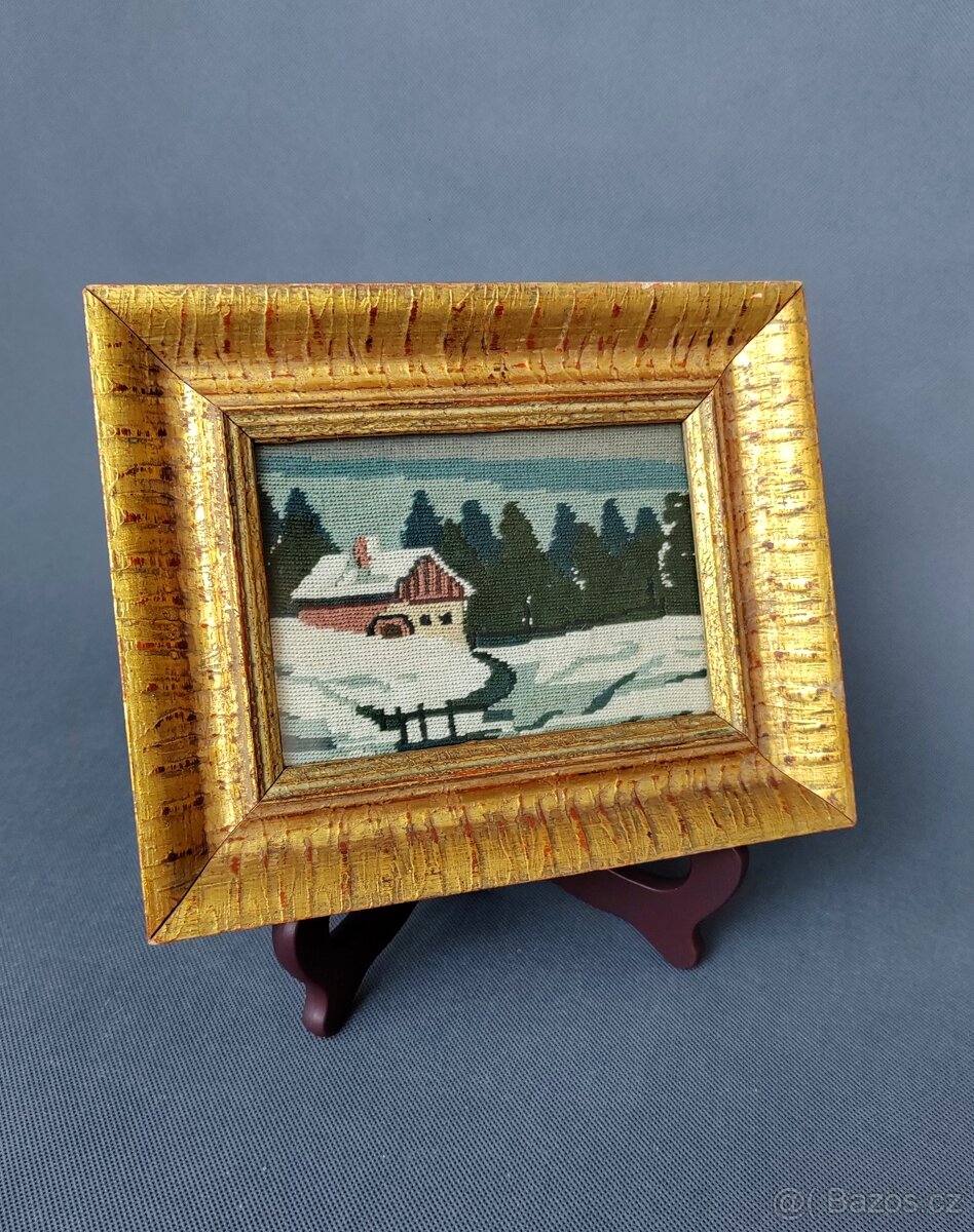 Starožitná gobélínová výšivka v luxusním zlatém rámu - 3