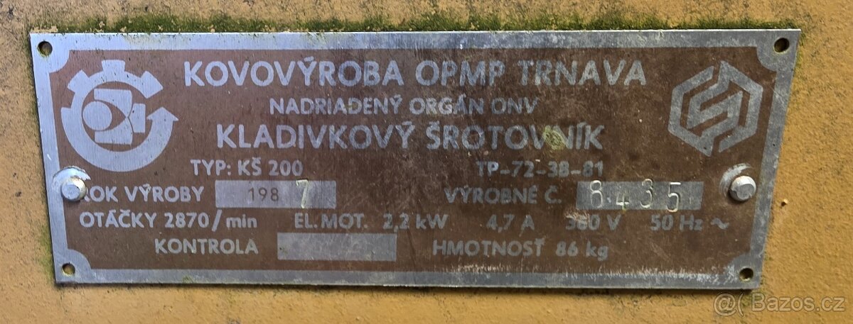 Kladívkový šrotovník KŠ 200 - 3