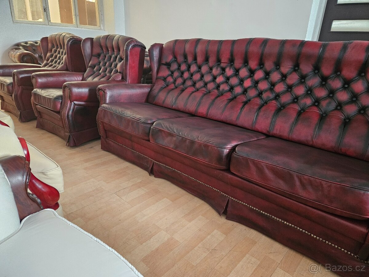 CHESTERFIELD ŠTÝL,KOŽENÁ 3 GAUĆ+2 KRESLÁ UŠÁK - 3