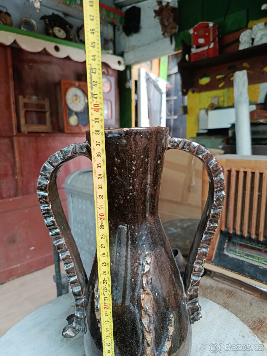 Stará keramická váza s uchy - originální kousek s patinou - 3