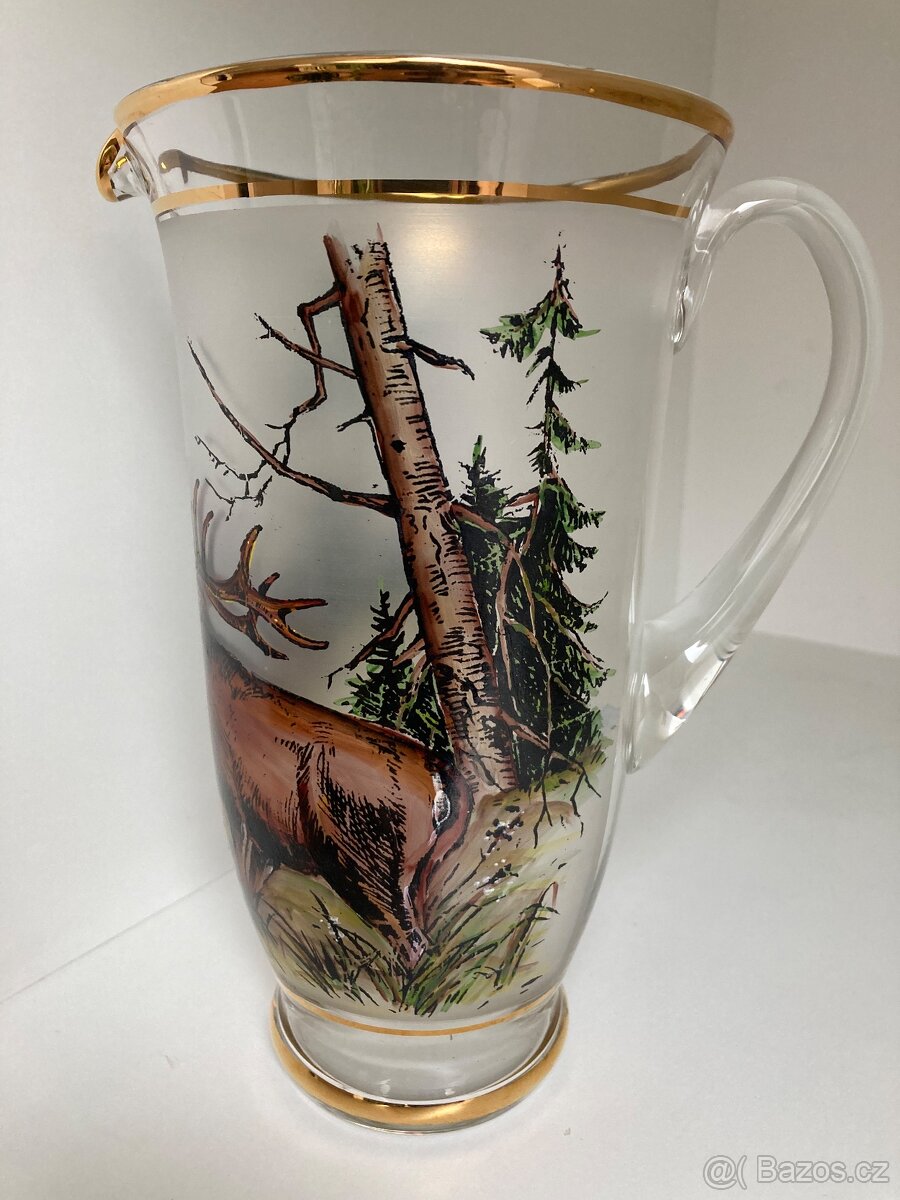 Skleněný džbán + skleničky, myslivecký motiv - 3