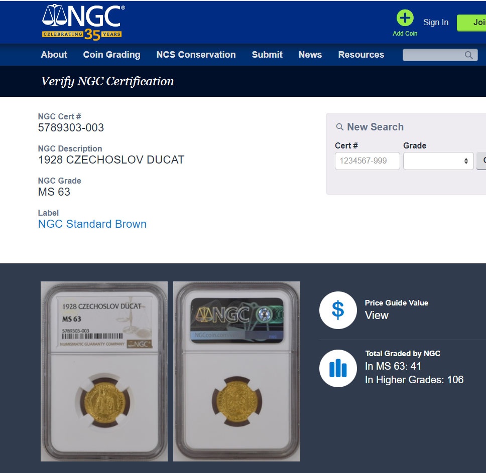 Svatováclavský dukát 1928, certifikace NGC MS 63 - 3
