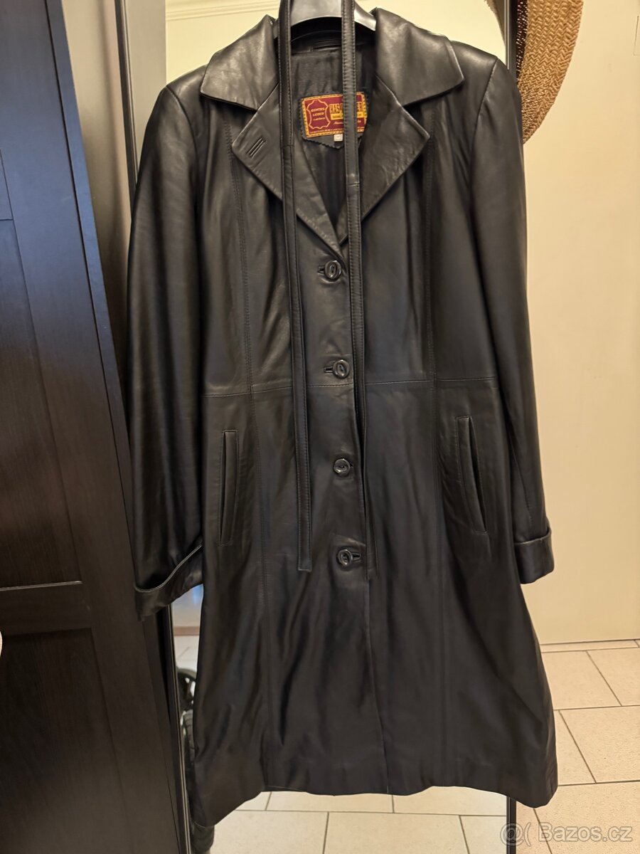 Dlouhá retro kožená bunda / trenčkot / leather coat - 3