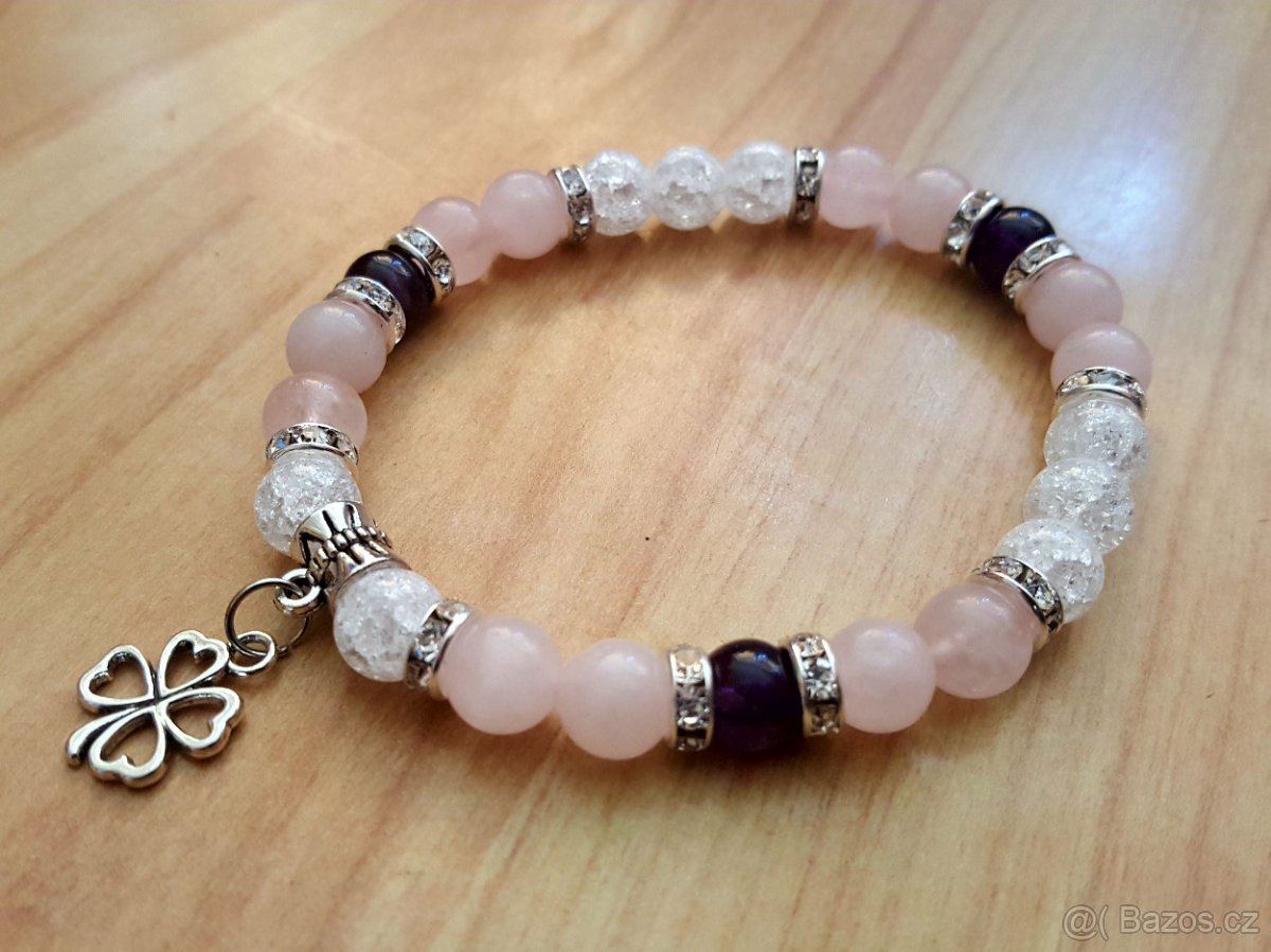 nový náramek polodrahokam minerál růženín křišťál ametyst - 3