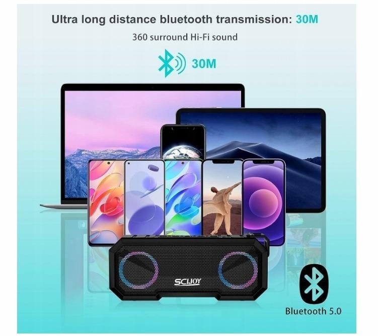SCIJOY Výkonný Bluetooth reproduktor s 30W LED rádiem IPX7 - 3