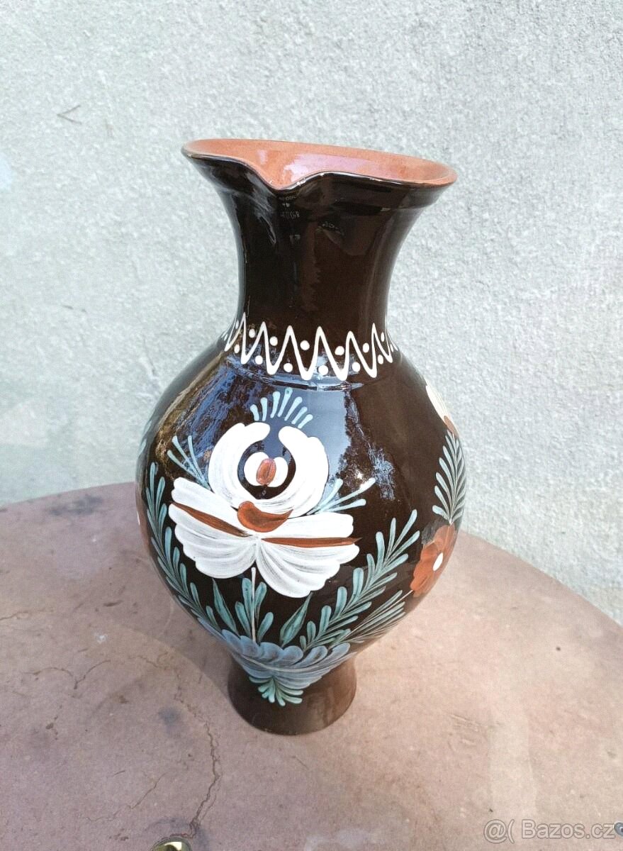 Keramická váza džbán hnědá s květy - 3