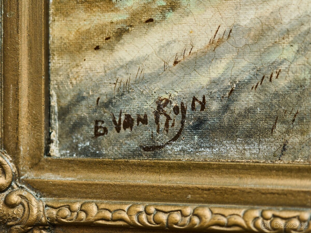 Zimní krajina s postavami na zamrzlé řece, olej na dřevěné d - 3