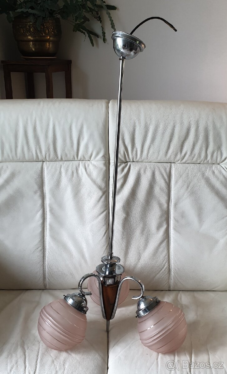 Starožitný lustr art deco na tyči dřevěná část růž - 3