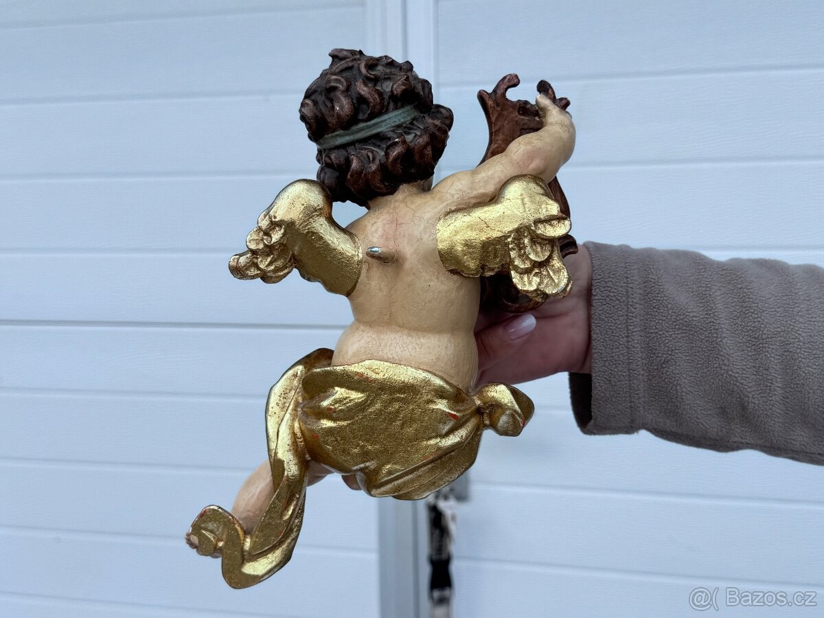 Krásný baculatý dřevěný anděl socha polychromie - 3