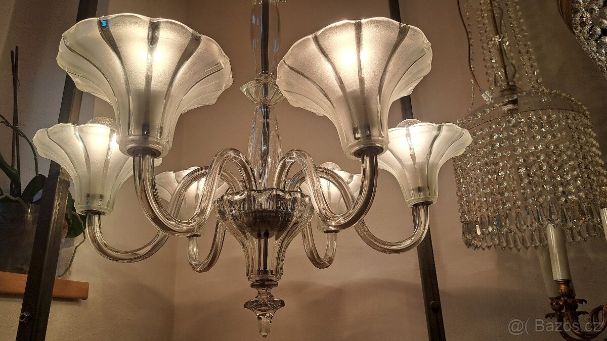 Art Deko, starožitný celoskleněný lustr, osvětlení - 3