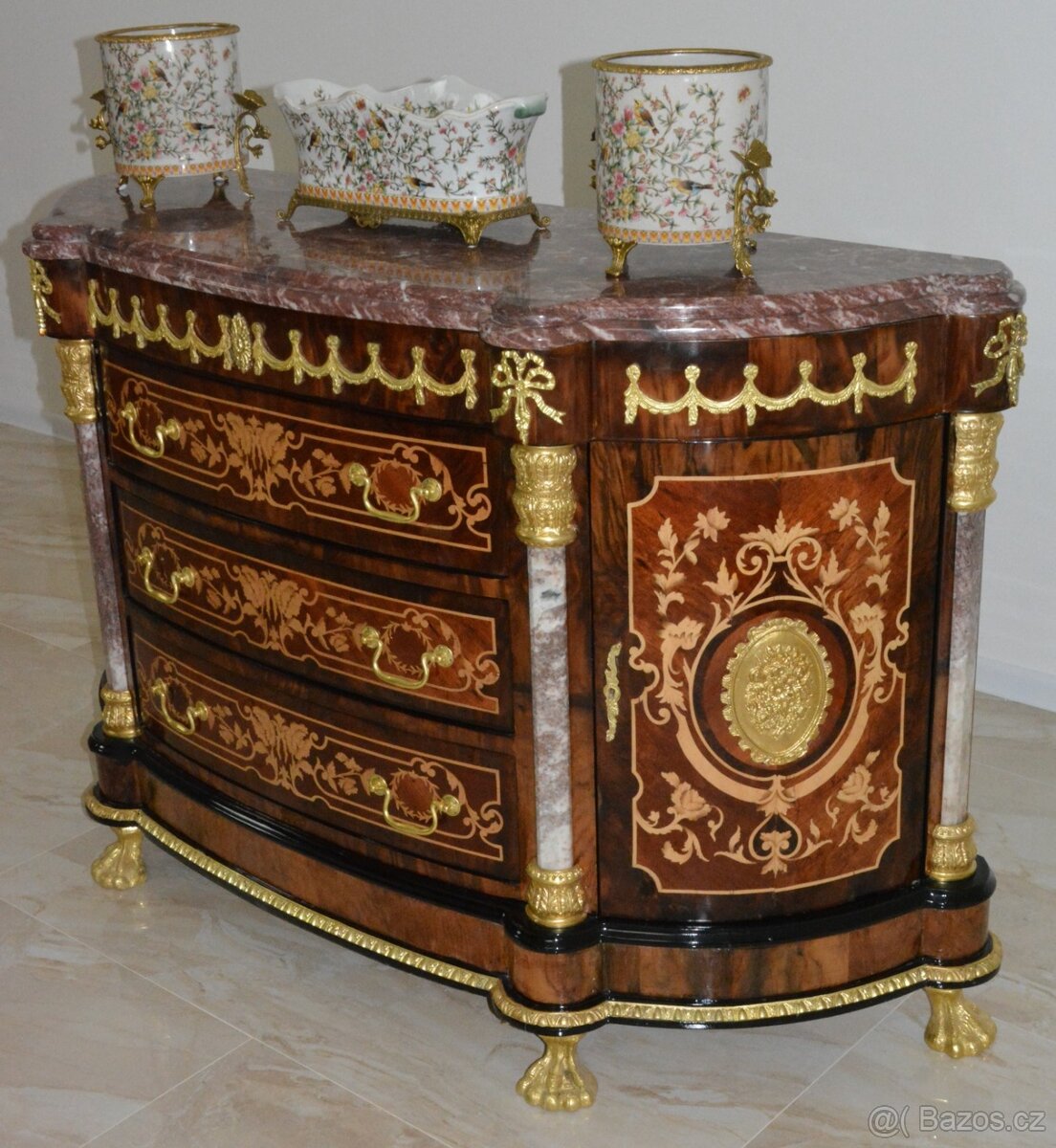 Zámecká intarzovaná komoda s mramorovou deskou XXL - 3