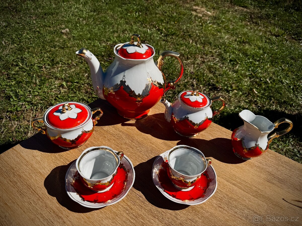 Vintage čajová souprava – Baranivka (SSSR), červeno-bílá se - 3