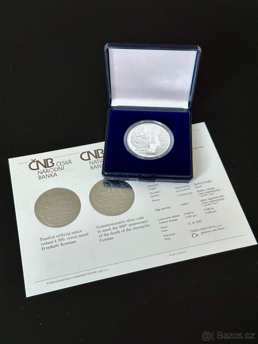 Pamětní stříbrná mince ČNB - kronikář Kosmas, proof (2025) - 3