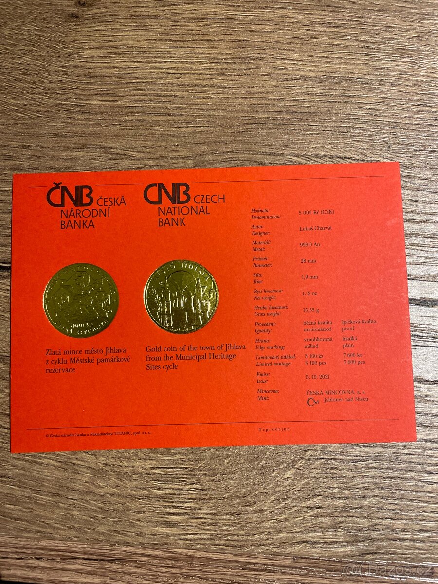 Zlatá mince ČNB 5000 Kč Město Jihlava 2021 PROOF - 3