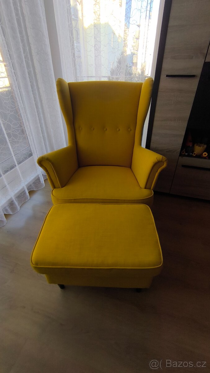 Křeslo ušák žlutý + taburet - IKEA Strandmon - 2699Kč - 3