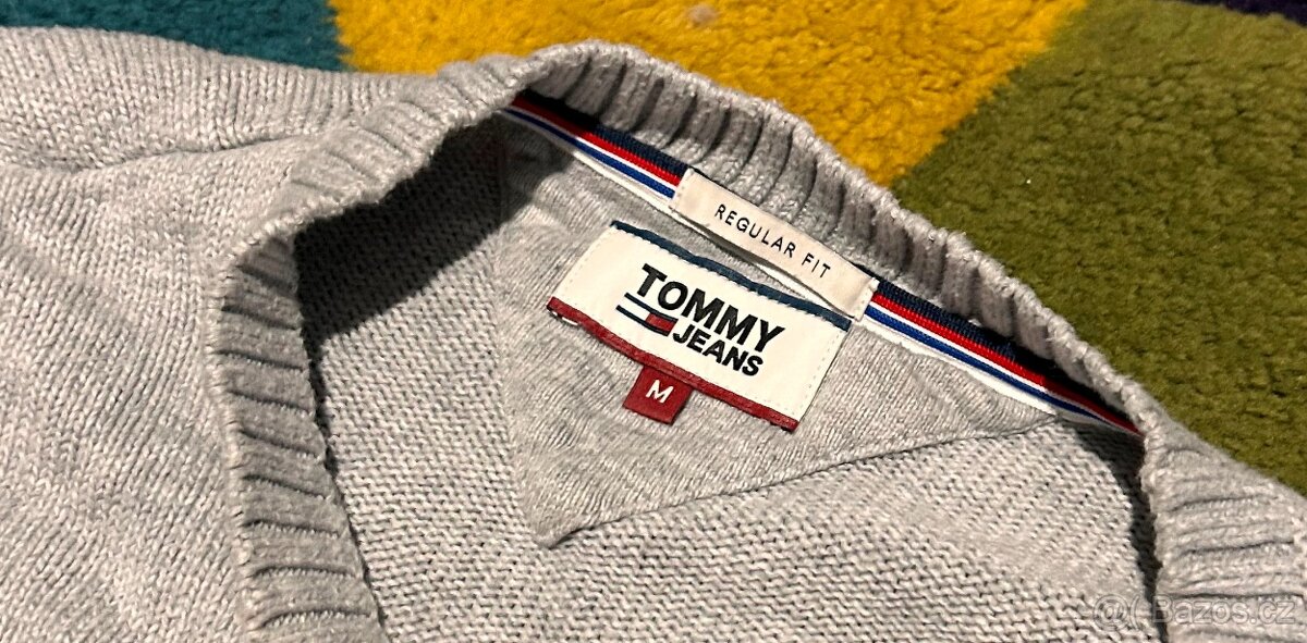 TOMMY HILFIGER PÁNSKÝ BAVLNĚNÝ SILNÝ ŠEDÝ SVETR M(L ) - 3