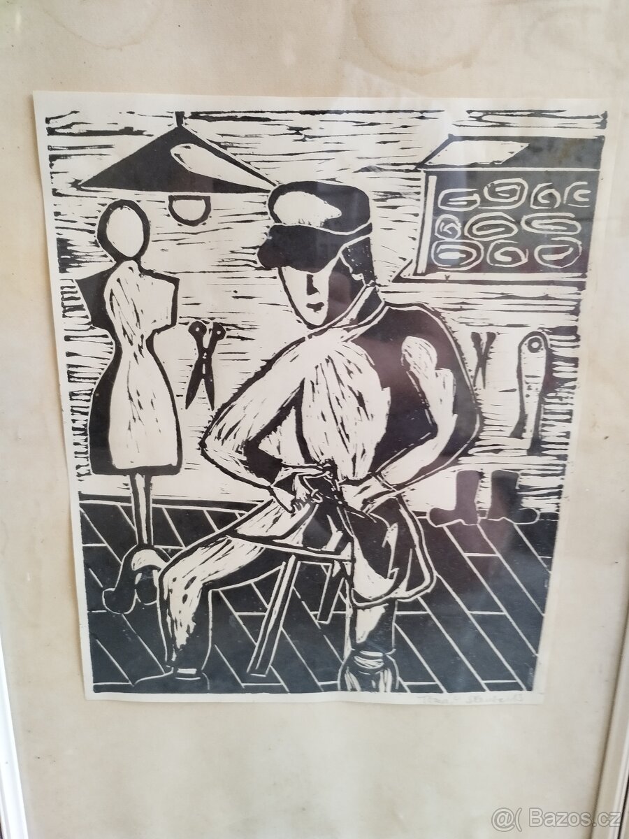 2x linoryt - povolaní krejčí/keramika signováno - 3