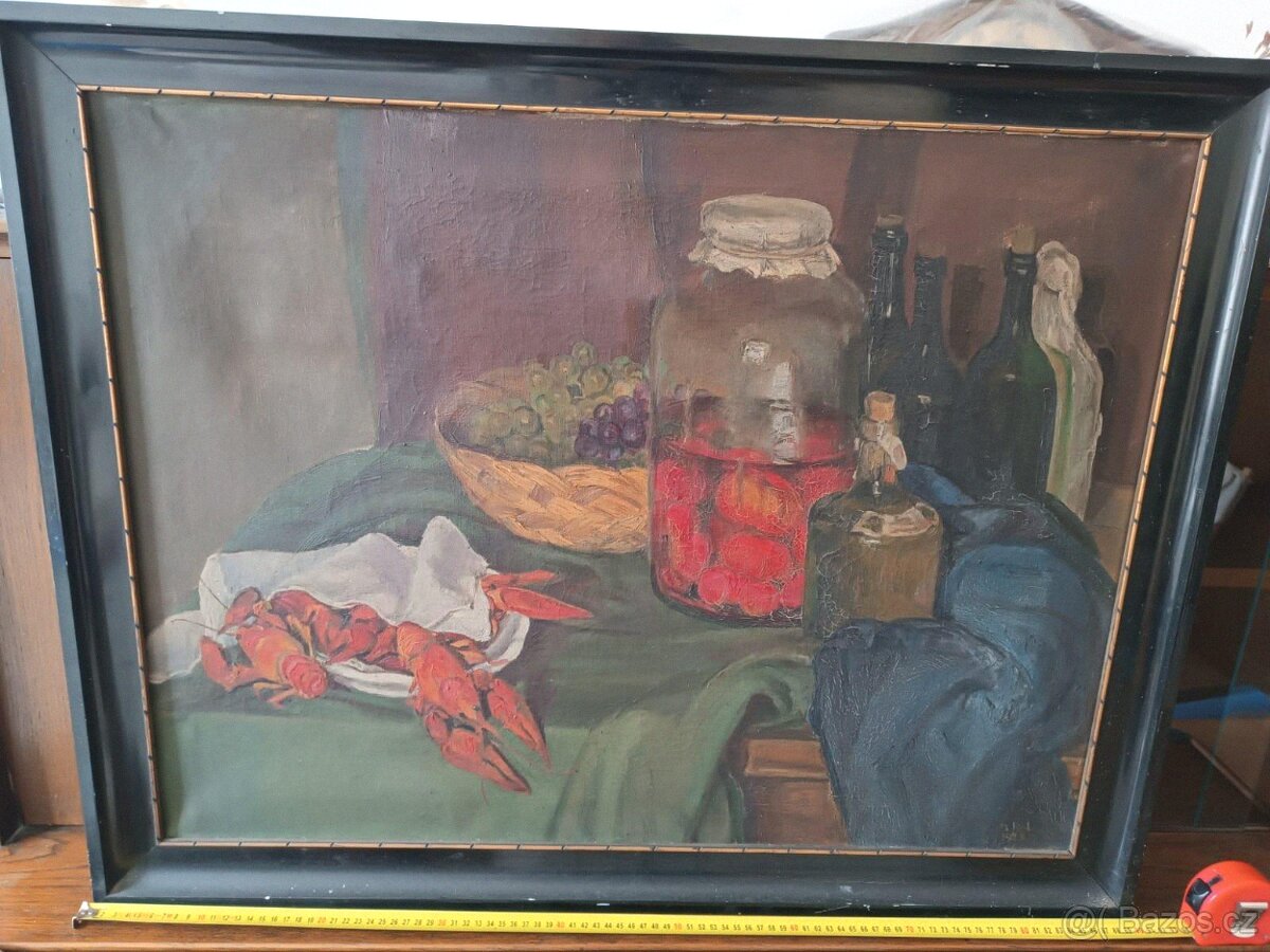 Obraz - olejomalba - zátiší s raky - Signováno MK, 192? - 3