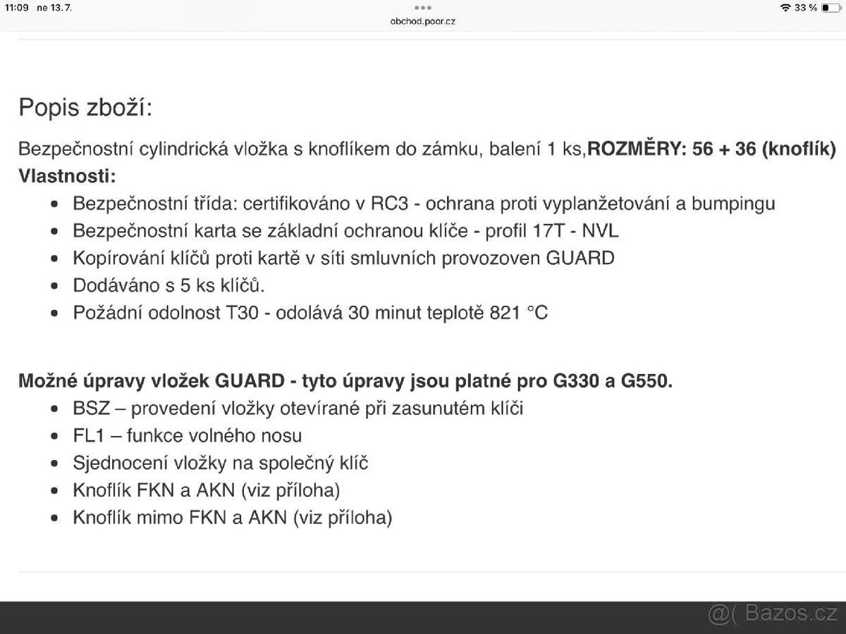 Bezpečnostní oboustranná cylindrická vložka GUARD + karta - 3