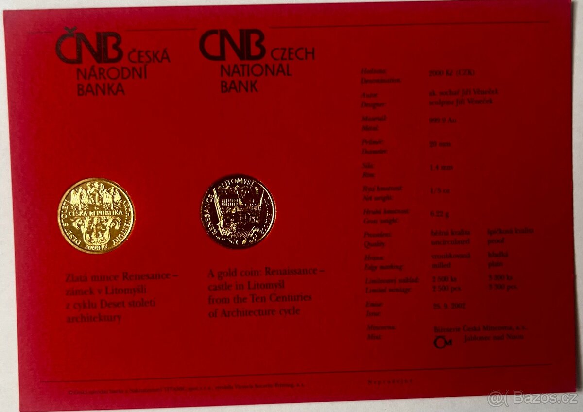 zlatá ČNB,2000kč,zámek Litomyšl, proof, jenom 3300 ks - 3