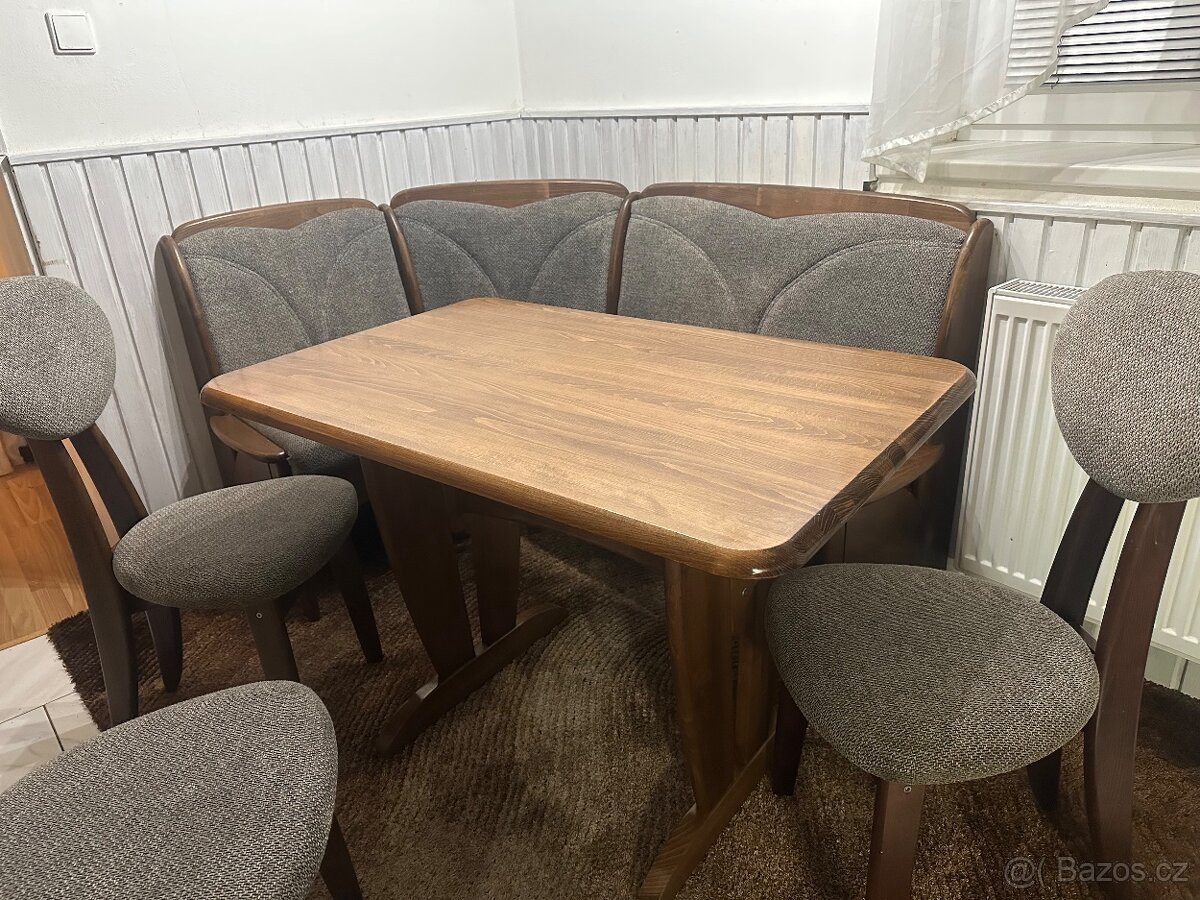 STŮL, ROHOVÁ SEDAČKA, 3 ŽIDLE - 3