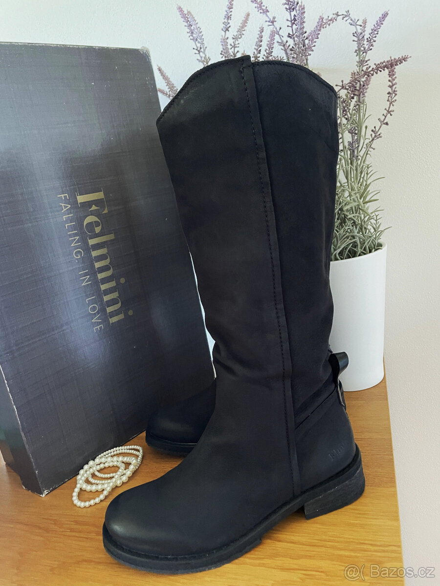 Černé luxusní natahovací kožené kozačky Felmini, vel. 39 - 3