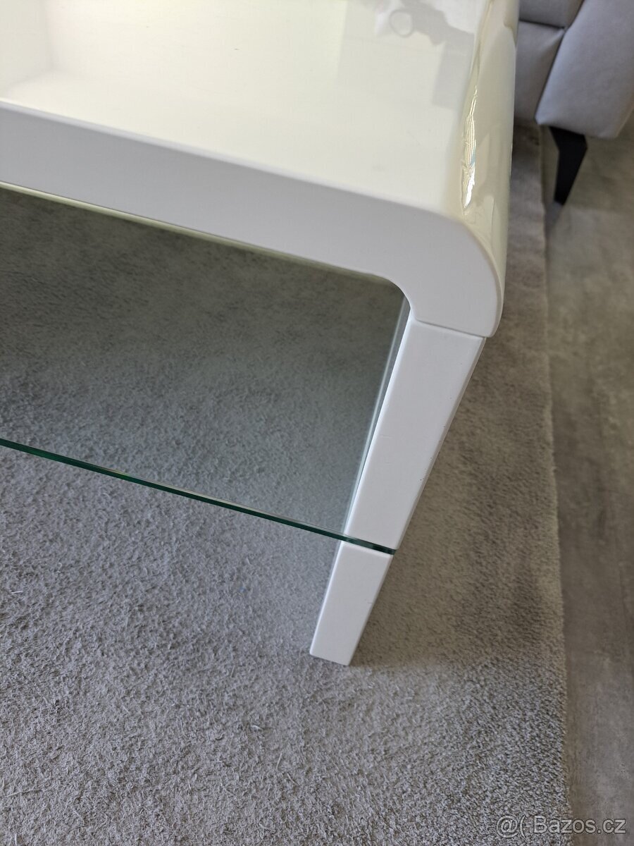 Konferenční stolek, bílá lesk/sklo - 3
